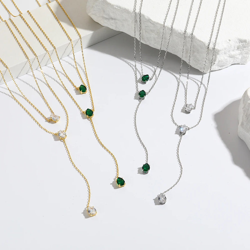 High Quality Simple Double Layer Tear Drop Charm Necklace With Green CZ Paved For Women Fashion Classic Clavicle Chain Jewelry