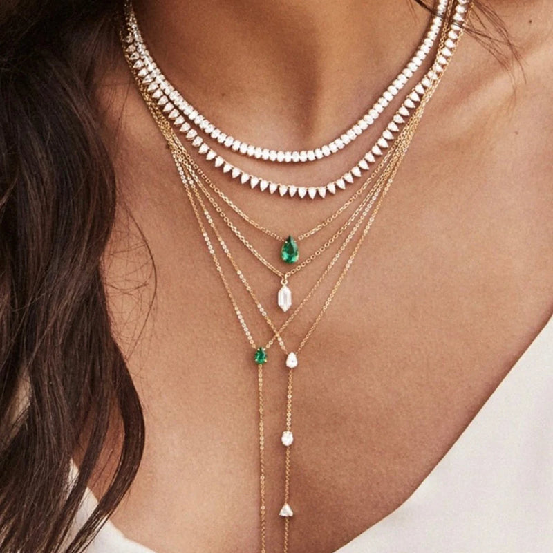 High Quality Simple Double Layer Tear Drop Charm Necklace With Green CZ Paved For Women Fashion Classic Clavicle Chain Jewelry