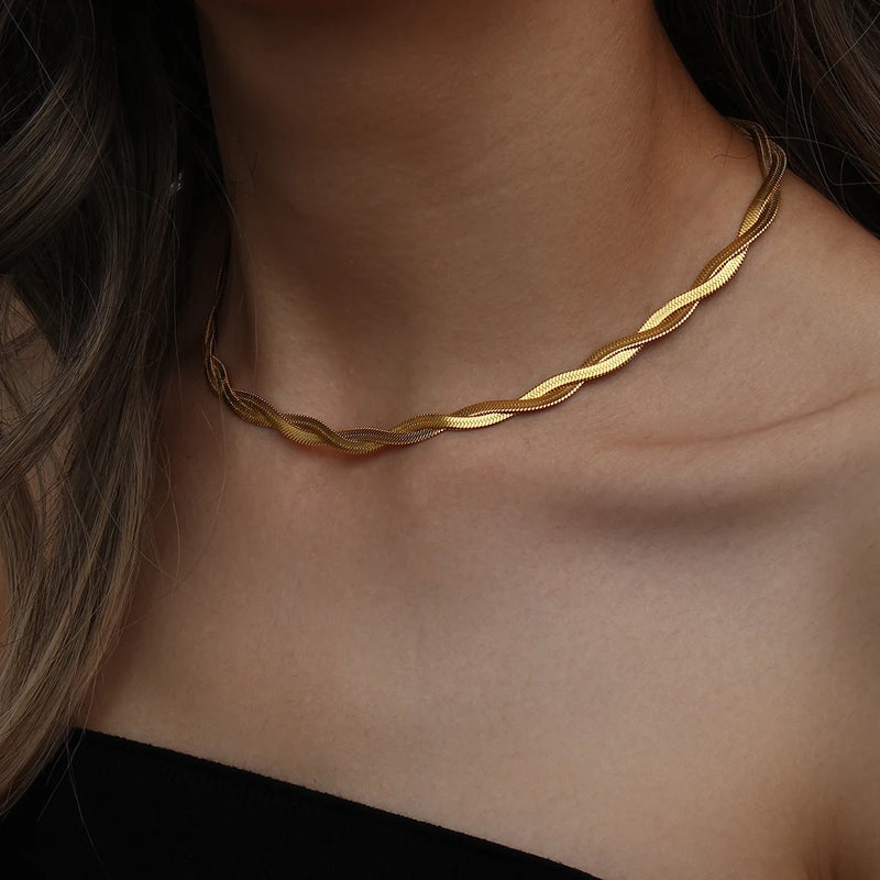 E.B.belle Stainless Steel 18K Gold Plated Short Herringbone Chain Choker Necklaces For Women Minimalist Gold Chain Necklace