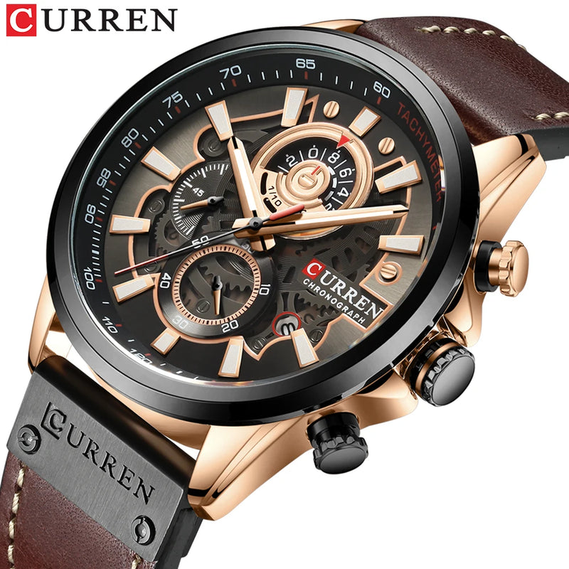 Reloj CURREN para hombre, deportivo, de lujo, cronógrafo, militar, de cuero genuino, resistente al agua, reloj de pulsera para hombre, reloj masculino