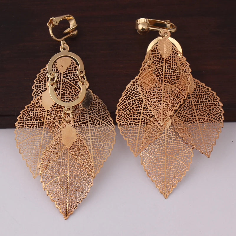 GRACE JUN Korea Style Gold Color  Copper Material Leaf Shape Clip on Earrings Without Pierced Elegant Cuff Ear Clip Anti-allergy