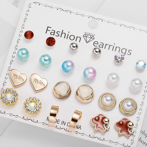 12 Pairs/set Cute Crystal Stud Earring Sets For Woman Girl Mixed Jewelry Minimalist Heart Ball Metal Pearl Flower Earrings Gift