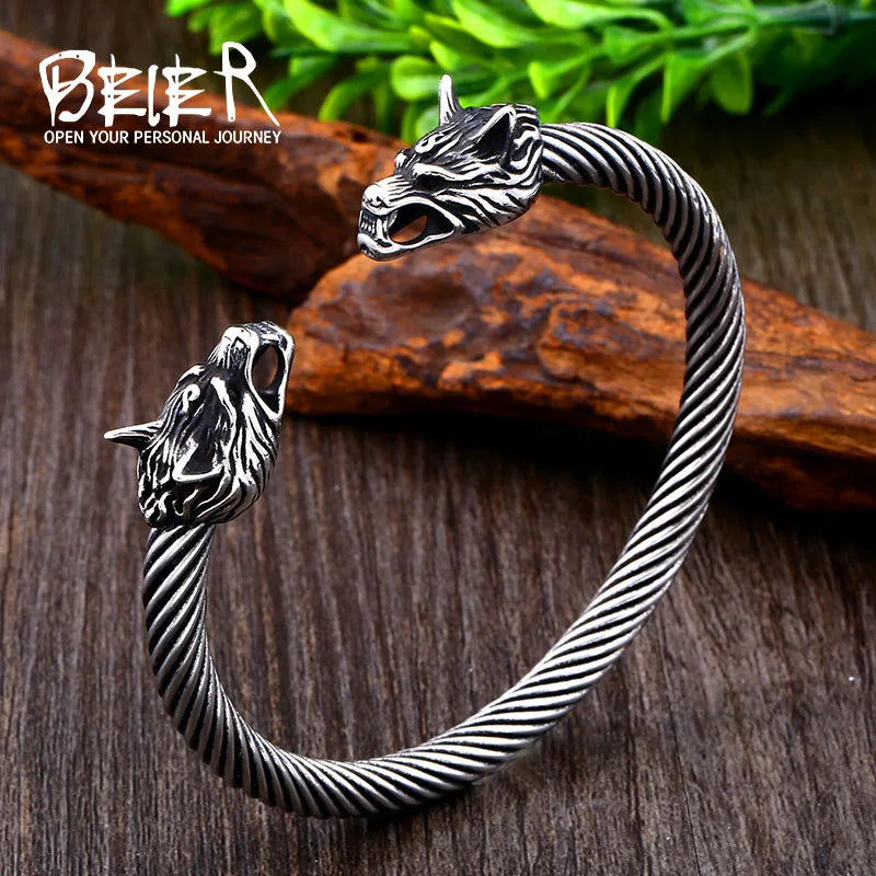 Pulsera de acero inoxidable 316L ajustable con cabeza de lobo doble vikinga clásica de Beier para hombre, joyería de moda con cabezas de serpiente dobles