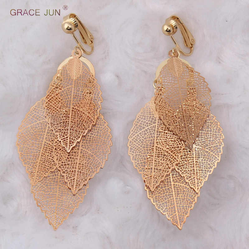 GRACE JUN Korea Style Gold Color  Copper Material Leaf Shape Clip on Earrings Without Pierced Elegant Cuff Ear Clip Anti-allergy