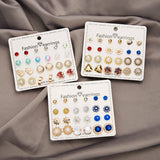 12 Pairs/set Cute Crystal Stud Earring Sets For Woman Girl Mixed Jewelry Minimalist Heart Ball Metal Pearl Flower Earrings Gift