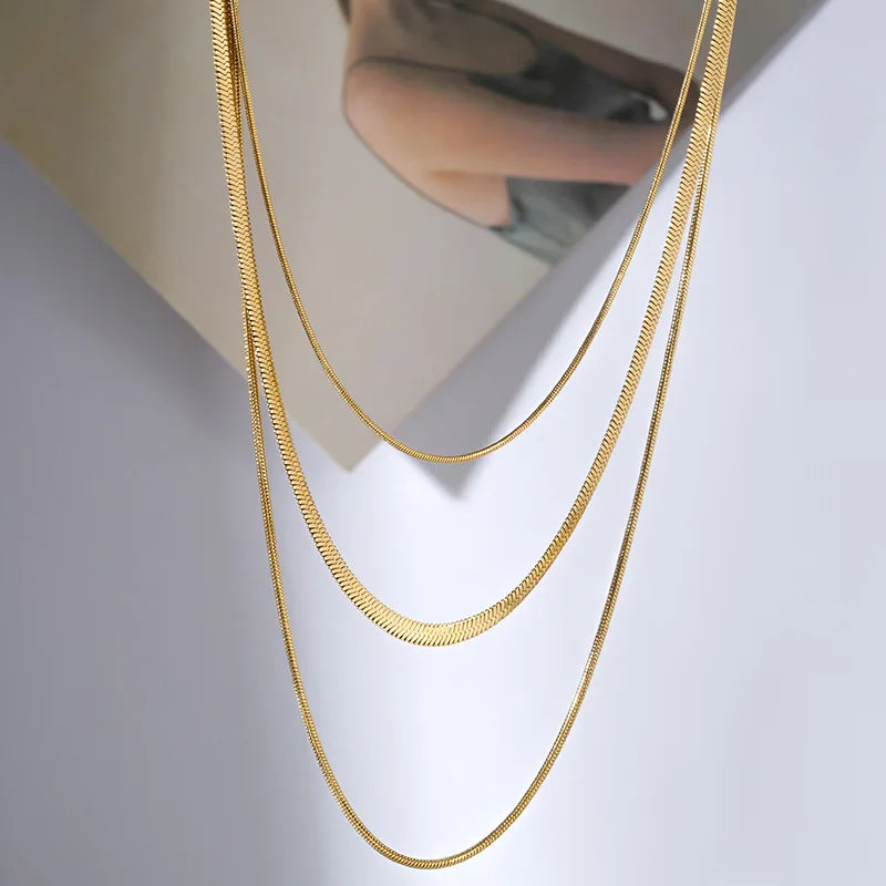 18K Gold Plated Stainless Steel Flat Snake Herringbone Layering Necklaces For Women Girl  Waterproof  Layered Chains Jewelry