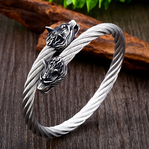 Beier Classic Animal Viking Double Wolf Head Adjustable 316L Stainless Steel Men's Bracelet  Fashion Double Snake Heads Jewelry