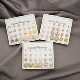 12 Pairs/set Cute Crystal Stud Earring Sets For Woman Girl Mixed Jewelry Minimalist Heart Ball Metal Pearl Flower Earrings Gift