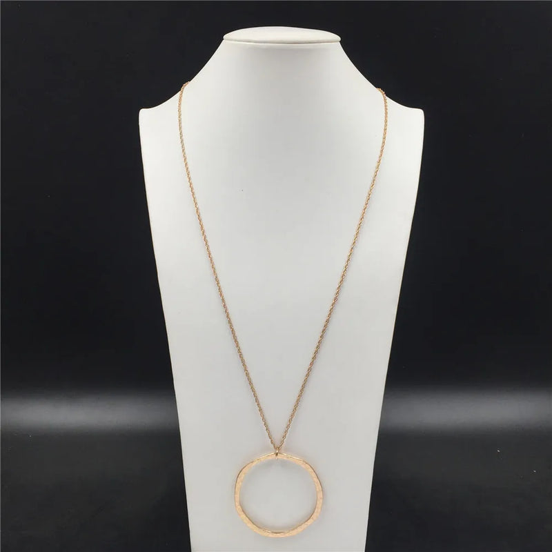 Simple Design Gold Color Big Circle Pendant Long Necklace  Women Fashion Gold Color Figur Medallion Pendant Long Necklace