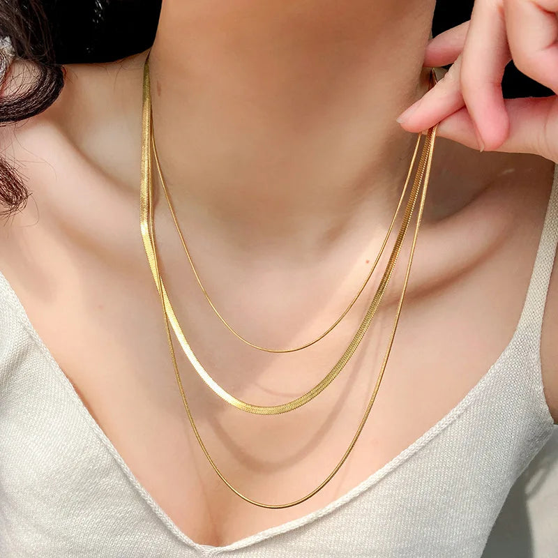 18K Gold Plated Stainless Steel Flat Snake Herringbone Layering Necklaces For Women Girl  Waterproof  Layered Chains Jewelry