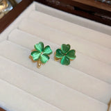 Korean Version Green Heart Shape Four-leaf Clover Earrings Women's All-match Temperament Earrings Gold Color Earrings