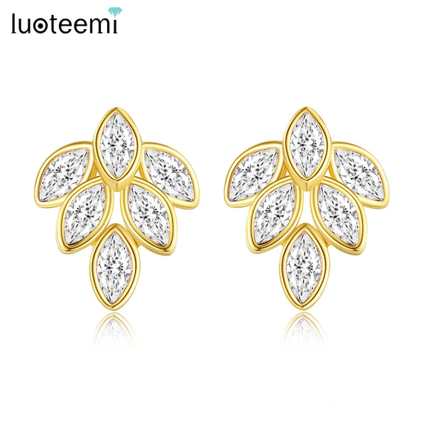 LUOTEEMI Leaf Shape Cubic Zirconia Stud Earrings For Women Marquise Cute CZ Stone Big Ear Stud Fashion Party Jewelry Girl Gift