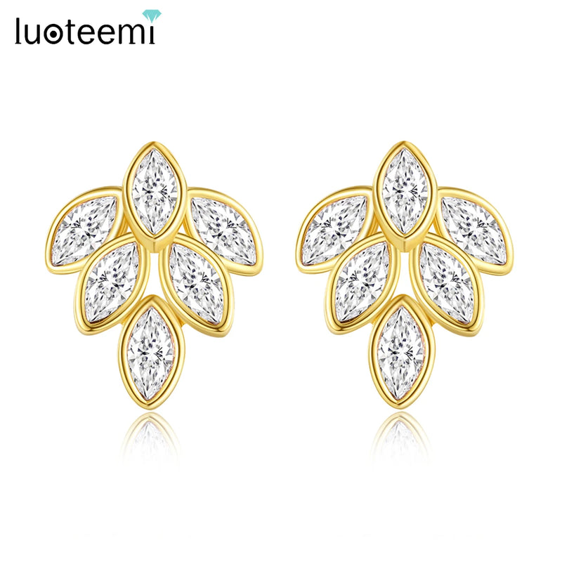 LUOTEEMI Leaf Shape Cubic Zirconia Stud Earrings For Women Marquise Cute CZ Stone Big Ear Stud Fashion Party Jewelry Girl Gift