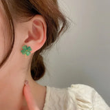 Korean Version Green Heart Shape Four-leaf Clover Earrings Women's All-match Temperament Earrings Gold Color Earrings