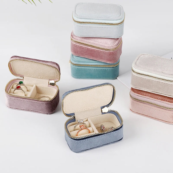 1PCS Mini Velvet Ring Box Single Layer Earrings Necklace Organizer Jewelry Storage Case Candy Color Zipper Bag Travel Portable