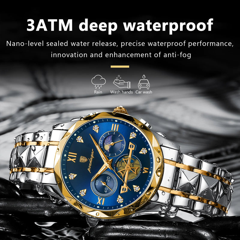 POEDAGAR Reloj de pulsera de lujo para hombre, resistente al agua, luminoso, cronógrafo, de acero inoxidable, de cuarzo, para hombre