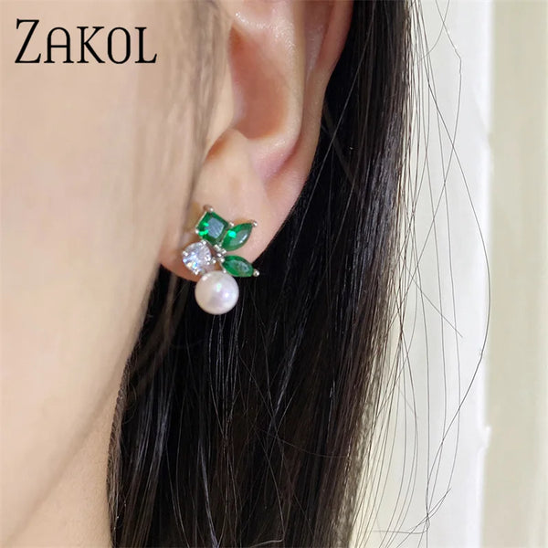 ZAKOL Simple Green Leaf Shape Pearl Stud Earrings for Women Cute Round Marquise Zircon Earring Wedding Party Jewelry EP5557