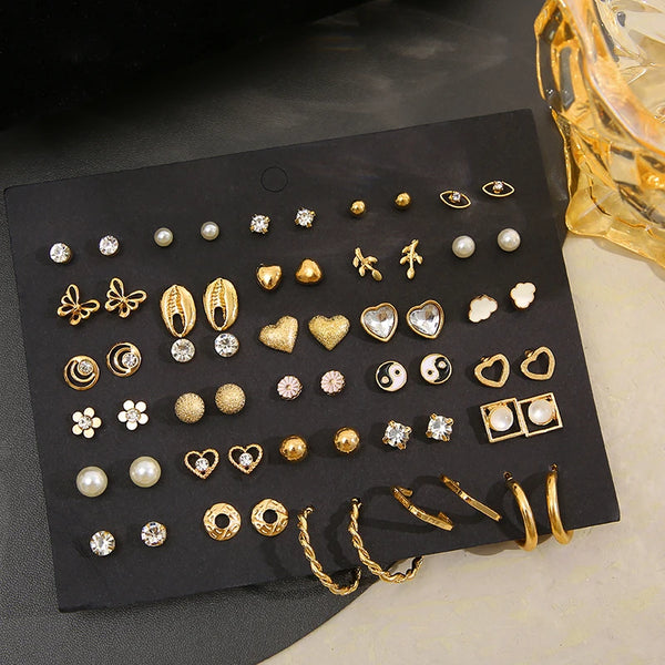 40Pcs/Set Gold Color Earring Set Vintage Butterfly Heart Pearl Crystal Stud Earrings for Women Korean  2024 Brincos Jewelry Gift