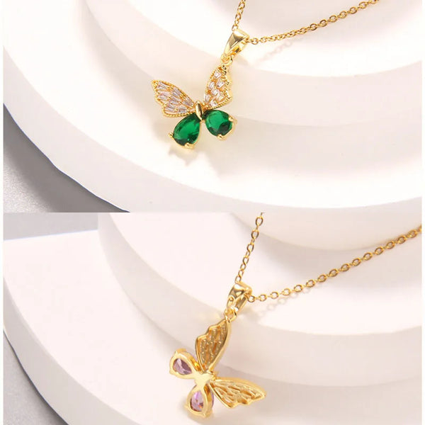 Luxury Zircon Butterfly Pendant Necklace Stainless Steel Fashion Simple Choker Jewelry Birthday Gifts For Women Girls