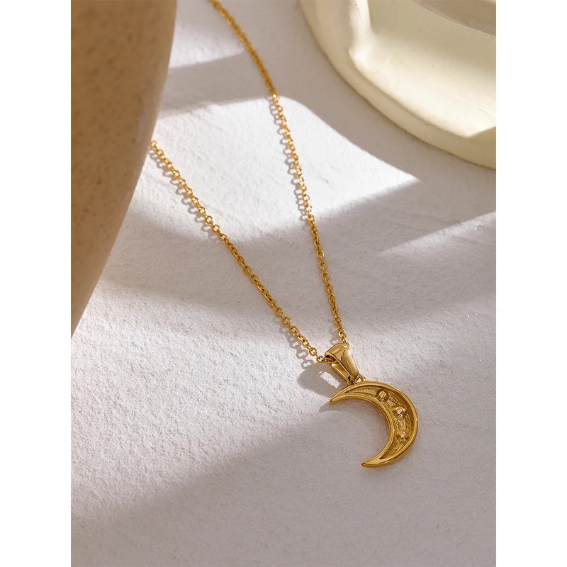 Yhpup Romantic Moon Zircon CZ Pendant Necklace Golden Jewelry 316 Stainless Steel PVD Plated Trendy Lucky Simple Collar Bijioux