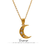 Yhpup Romantic Moon Zircon CZ Pendant Necklace Golden Jewelry 316 Stainless Steel PVD Plated Trendy Lucky Simple Collar Bijioux