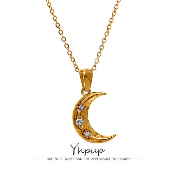 Yhpup Romantic Moon Zircon CZ Pendant Necklace Golden Jewelry 316 Stainless Steel PVD Plated Trendy Lucky Simple Collar Bijioux