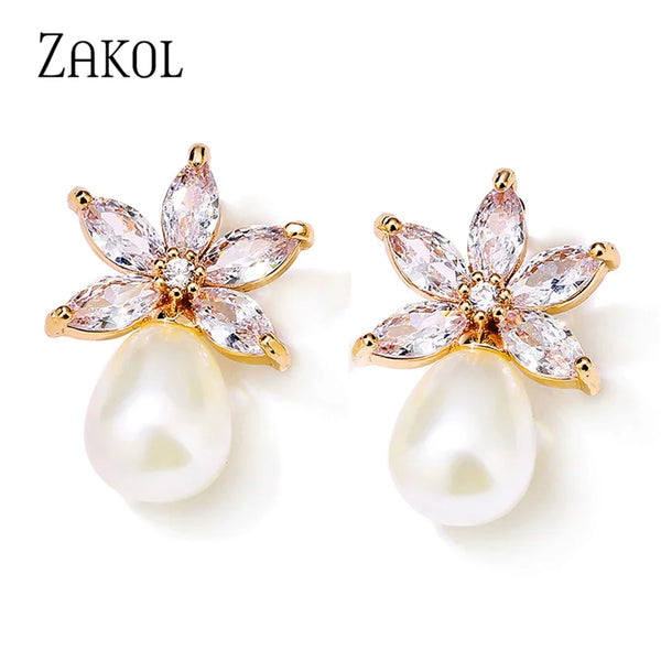 ZAKOL Fashion Simple Leaf Cubic Zirconia Pearl Drop Stud Earrings for Women Elegant Bride and Bridesmaid Earring Wholesale