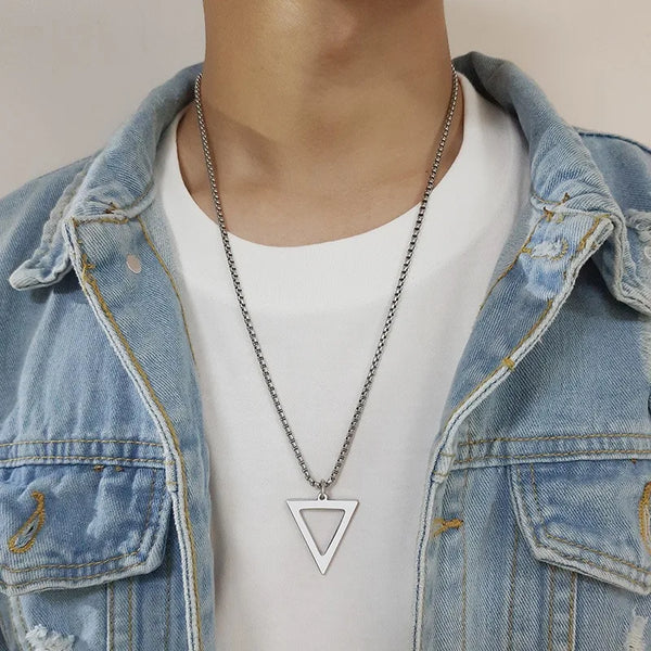 Simple Black Hollow Triangle Pendant Necklace for Men Women Punk Stainless Steel Necklaces Male Chain 2023 New Party Jewelry