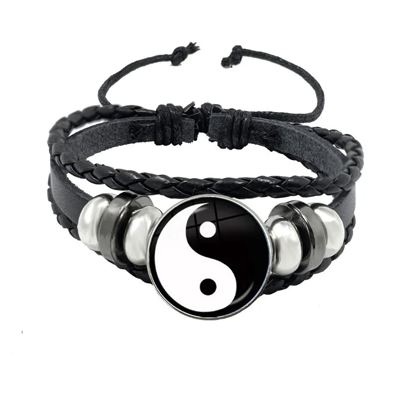 Juego de pulseras con dijes Yin Yang en blanco y negro, colgante de Tai Chi, pulsera ajustable de cuerda de cuero, joyería para hombres y mujeres