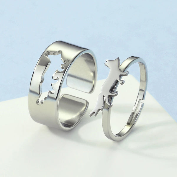 Hollow Fox Matching Open Rings for Women Girls Stainless Steel Animal Stackable Ring  Jewelry Adjustable Lover Couple Ring Set