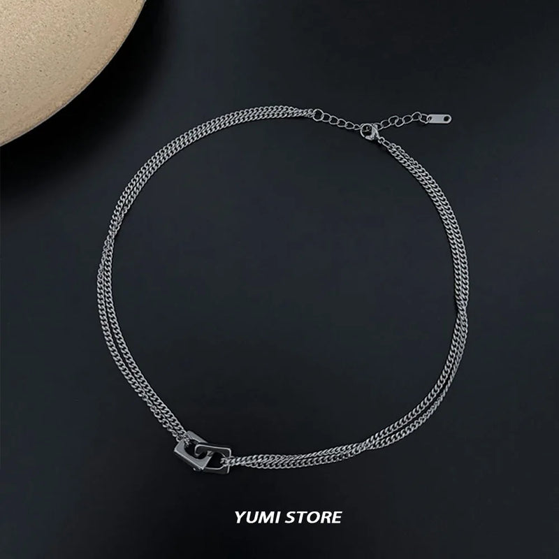 Trend Double Block Lock Necklace For Man Woman Titanium Steel Simple Pendant Collar Chain New Unisex Jewelry Wholesale