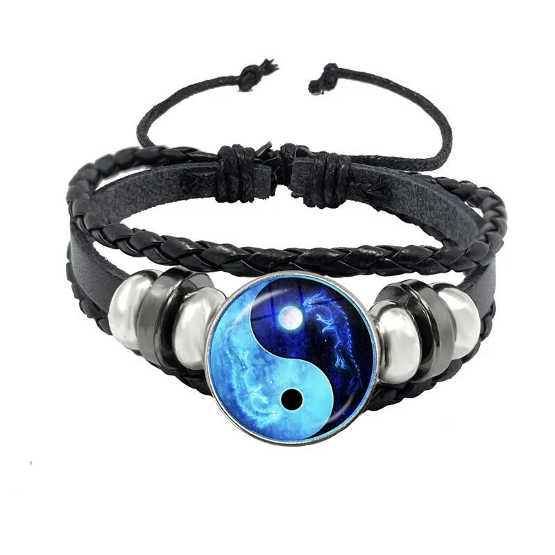 Juego de pulseras con dijes Yin Yang en blanco y negro, colgante de Tai Chi, pulsera ajustable de cuerda de cuero, joyería para hombres y mujeres