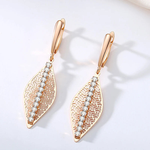 SYOUJYO Vintage Shiny Natural Zircon Long Drop Earrings For Women Leaf Shape 585 Rose Gold Color Fine Jewelry Luxury Gift