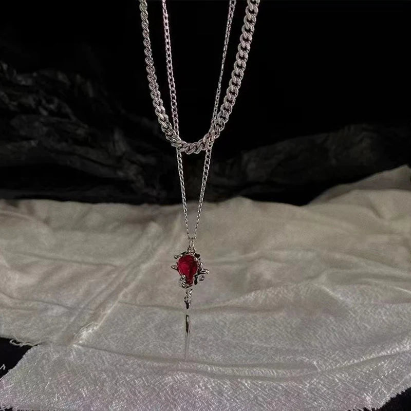 Y2K Red Zircon Rose Pendant Necklace Layered Flower Stone Chain Necklaces Irregular Floral Aesthetic Egirl Necklace Jewelry Gift