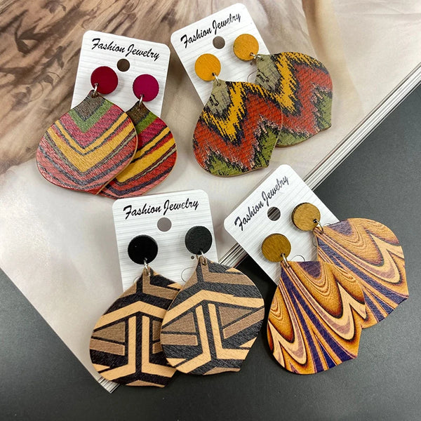 Vintage Painted Leaf Shaped Wooden Earrings for Women Ethnic Artistic Style Personality Earring Vacation Party Jewelry