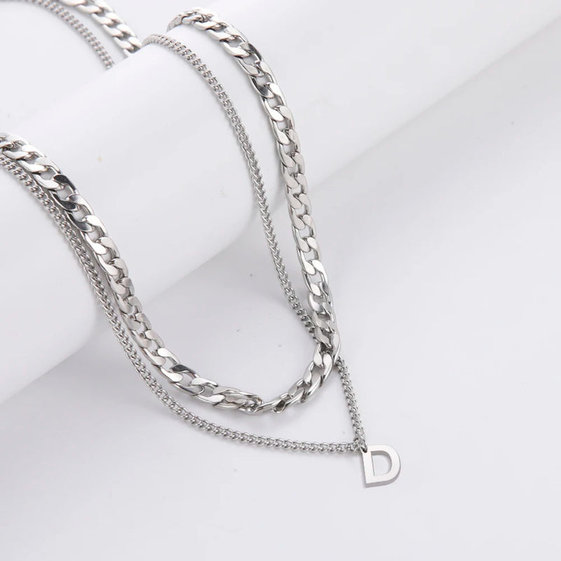 Stainless Steel Double Layer Necklaces for Men Women Simple 26 Letter Pendant Necklace Fashion Women's Jewelry for Party Gift