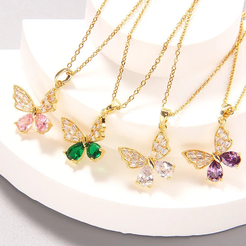 Luxury Zircon Butterfly Pendant Necklace Stainless Steel Fashion Simple Choker Jewelry Birthday Gifts For Women Girls