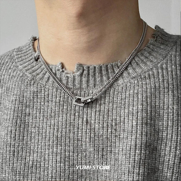 Trend Double Block Lock Necklace For Man Woman Titanium Steel Simple Pendant Collar Chain New Unisex Jewelry Wholesale