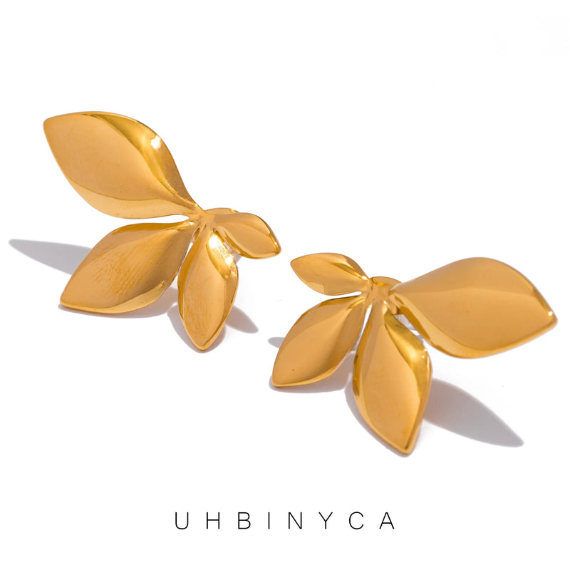 UHBINYCA Pendientes en forma de hoja para mujer, acero inoxidable bañado en oro de 18 quilates, pendientes exagerados y personalizados