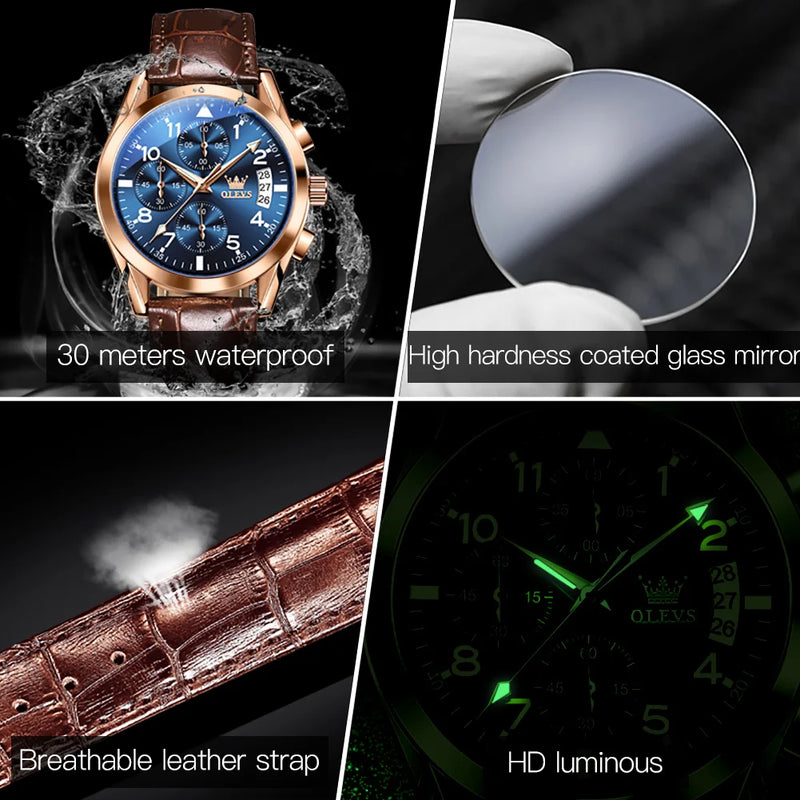 Relojes de lujo OLEVS para hombre, reloj de pulsera de cuarzo luminoso resistente al agua, reloj deportivo de cuero con fecha, reloj masculino de primera marca para hombre