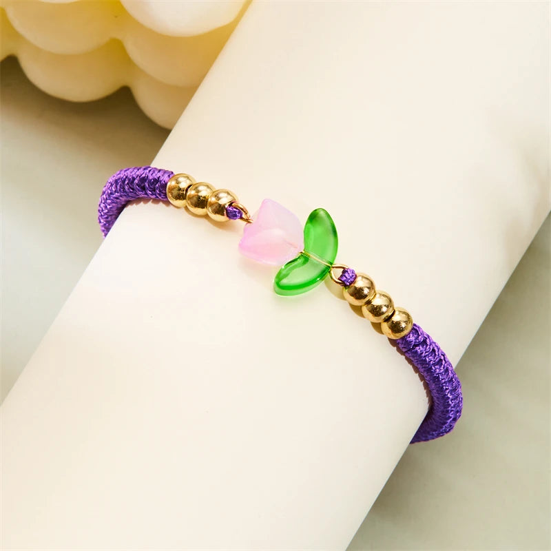 Pulsera de lujo con tulipanes morados y ligera para mujer, pulsera con cuentas de flores de resina coreanas ajustables, joyería de amistad hecha a mano