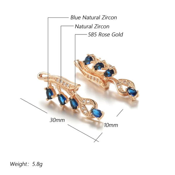 Kinel Hot Blue Stone Leaf Shape Long Dangle Earrings For Women 585 Rose Gold Color Natural Zircon Accessories Daily Fine Jewelry