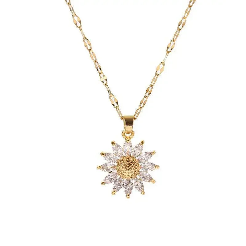 Exquisite Daisy Flower Zircon Pendant Necklace for Women High Quality Gold Color Stainless Steel Sunflower Choker Jewelry Gift