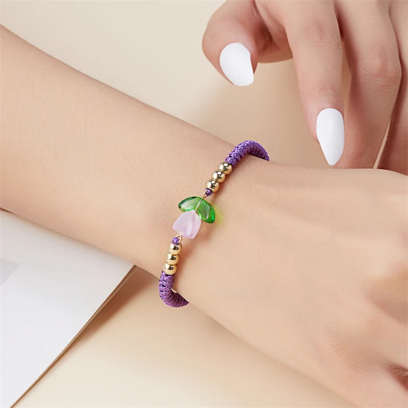 Pulsera de lujo con tulipanes morados y ligera para mujer, pulsera con cuentas de flores de resina coreanas ajustables, joyería de amistad hecha a mano