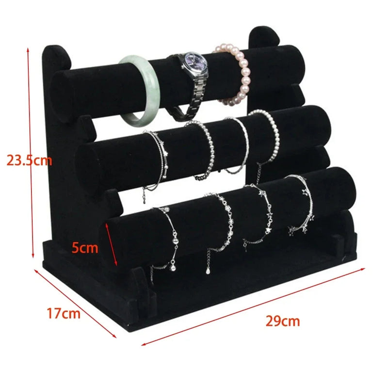 Présentoir à bijoux en velours noir à 3 couches pour bracelets, chaînes, montres, bracelets, barres en T, organisateur de bijoux, présentoir rigide