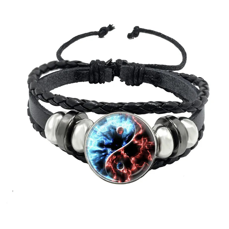 Juego de pulseras con dijes Yin Yang en blanco y negro, colgante de Tai Chi, pulsera ajustable de cuerda de cuero, joyería para hombres y mujeres