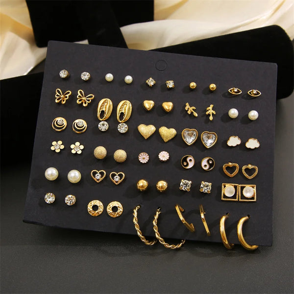 40Pcs/Set Gold Color Earring Set Vintage Butterfly Heart Pearl Crystal Stud Earrings for Women Korean  2024 Brincos Jewelry Gift