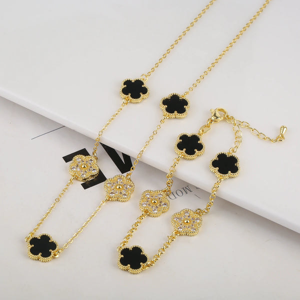 High Quality Plant Five Leaf Petal Diamond Micro Set Necklace/Bracelet Women's Luxurious Temperament Clover Gift Plum Blossom