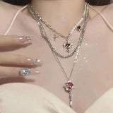 Y2K Red Zircon Rose Pendant Necklace Layered Flower Stone Chain Necklaces Irregular Floral Aesthetic Egirl Necklace Jewelry Gift