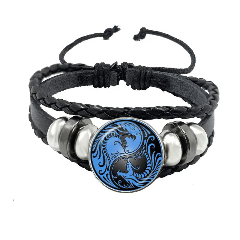 Juego de pulseras con dijes Yin Yang en blanco y negro, colgante de Tai Chi, pulsera ajustable de cuerda de cuero, joyería para hombres y mujeres